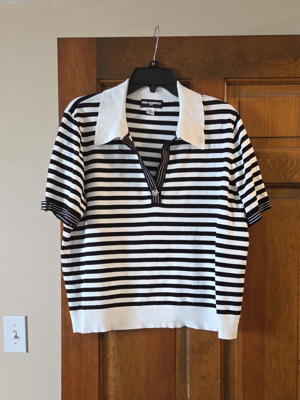Karl Lagerfeld Black & White Striped Polo Top